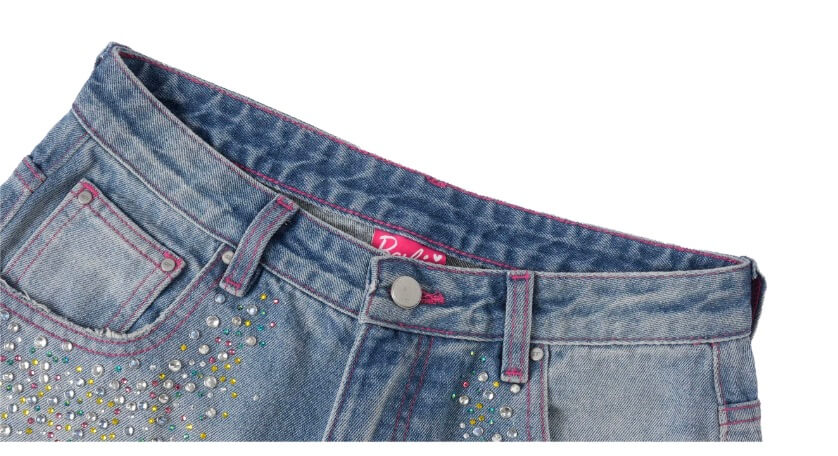 1807 Barbie Collaboration Rhinestone Detail Embroidered Denim Cropped Shorts | Face 3 Face