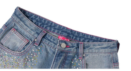 1807 Barbie Collaboration Rhinestone Detail Embroidered Denim Cropped Shorts | Face 3 Face