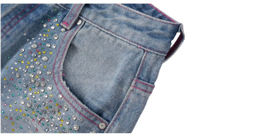 1807 Barbie Collaboration Rhinestone Detail Embroidered Denim Cropped Shorts | Face 3 Face
