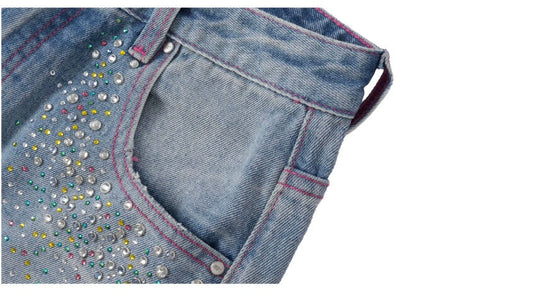 1807 Barbie Collaboration Rhinestone Detail Embroidered Denim Cropped Shorts | Face 3 Face