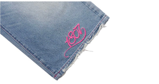 1807 Barbie Collaboration Rhinestone Detail Embroidered Denim Cropped Shorts | Face 3 Face