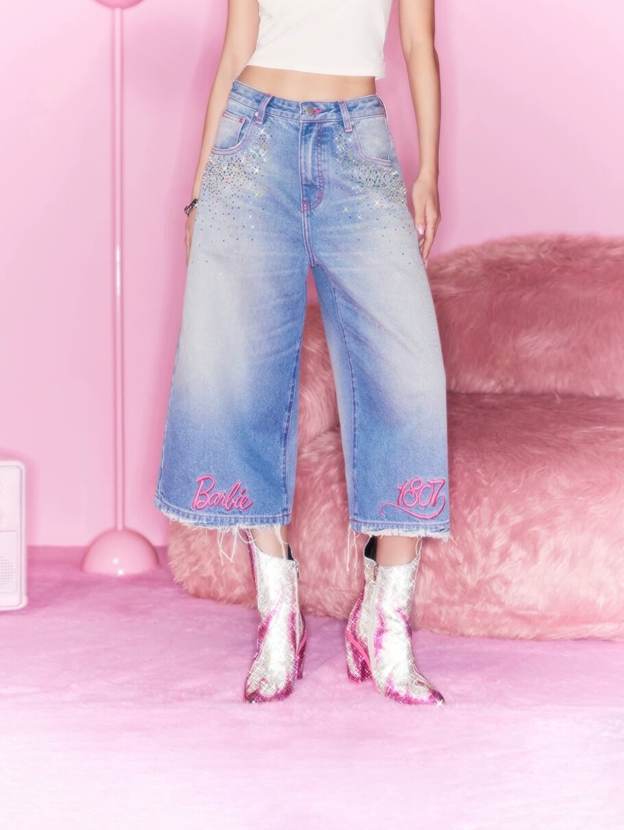 1807 Barbie Collaboration Rhinestone Detail Embroidered Denim Cropped Shorts | Face 3 Face