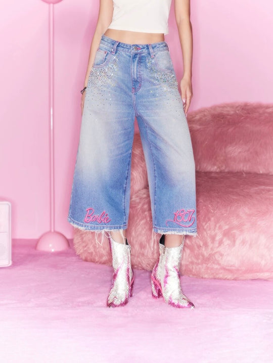 1807 Barbie Collaboration Rhinestone Detail Embroidered Denim Cropped Shorts | Face 3 Face