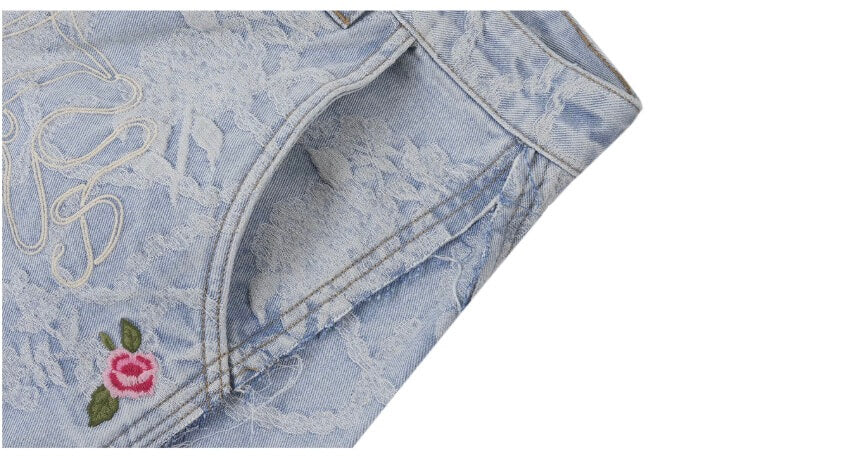 1807 Floral Chain Jacquard 3D Embroidered Denim Cropped Shorts | Face 3 Face