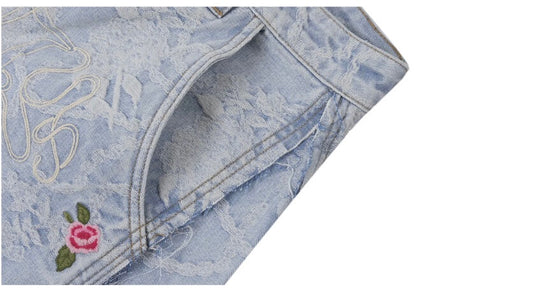 1807 Floral Chain Jacquard 3D Embroidered Denim Cropped Shorts | Face 3 Face