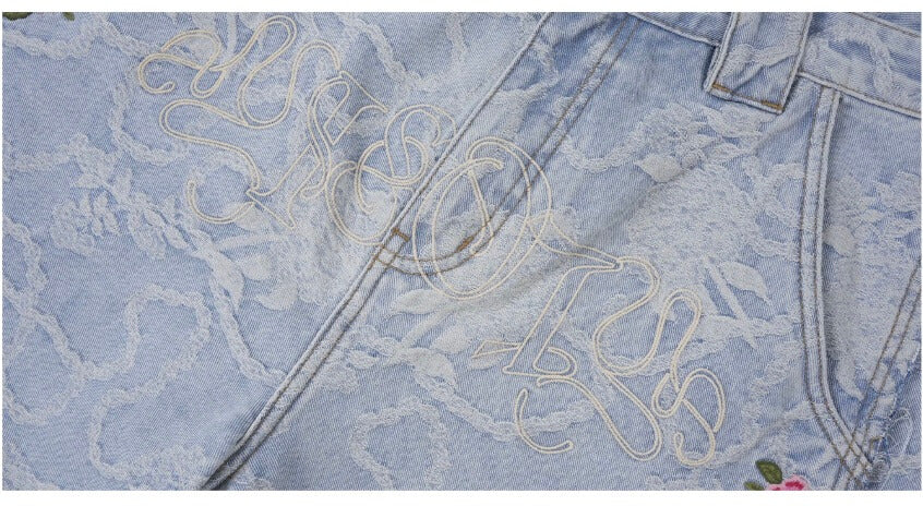 1807 Floral Chain Jacquard 3D Embroidered Denim Cropped Shorts | Face 3 Face