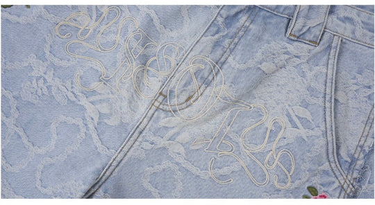 1807 Floral Chain Jacquard 3D Embroidered Denim Cropped Shorts | Face 3 Face