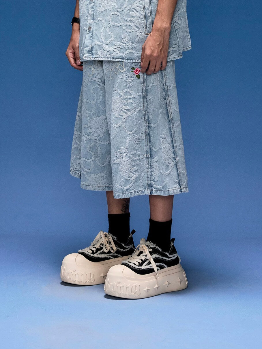 1807 Floral Chain Jacquard 3D Embroidered Denim Cropped Shorts | Face 3 Face