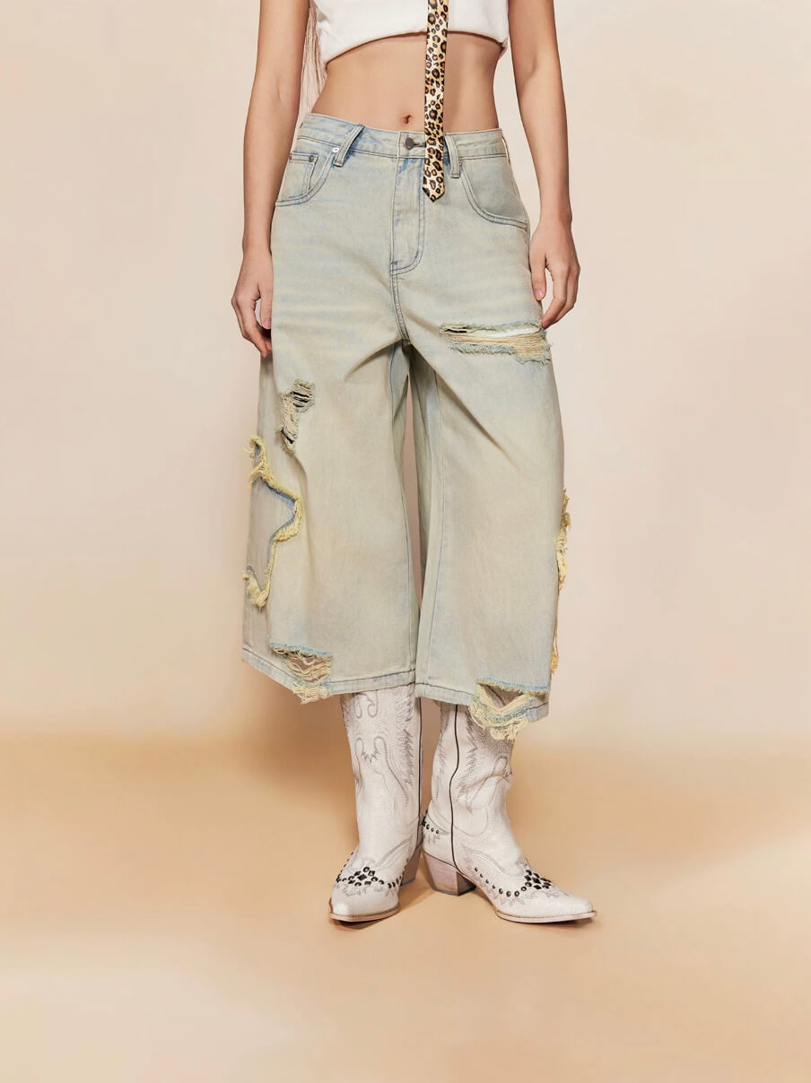 1807 Star Patch Washed Distressed Denim Cropped Shorts | Face 3 Face