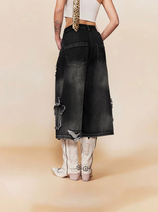 1807 Star Patch Washed Distressed Denim Cropped Shorts | Face 3 Face