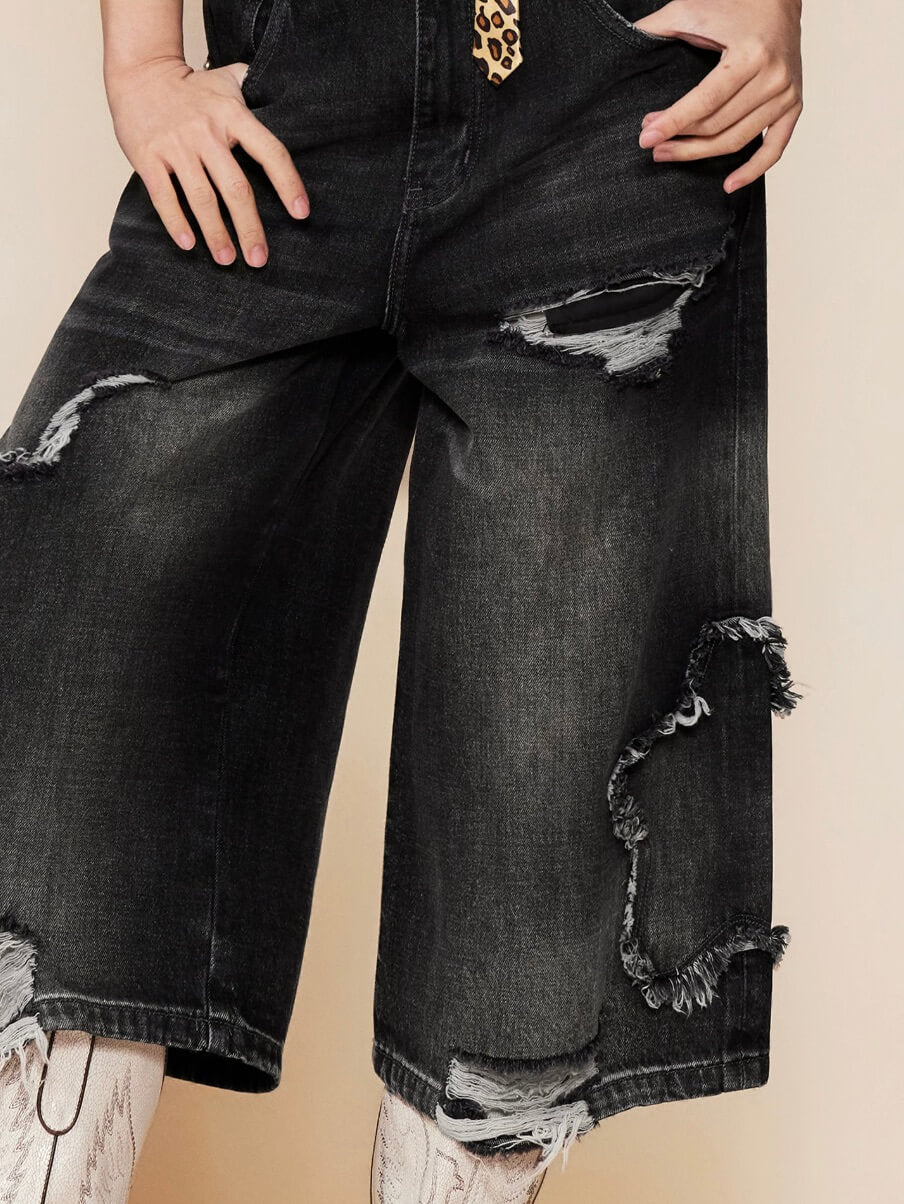 1807 Star Patch Washed Distressed Denim Cropped Shorts | Face 3 Face