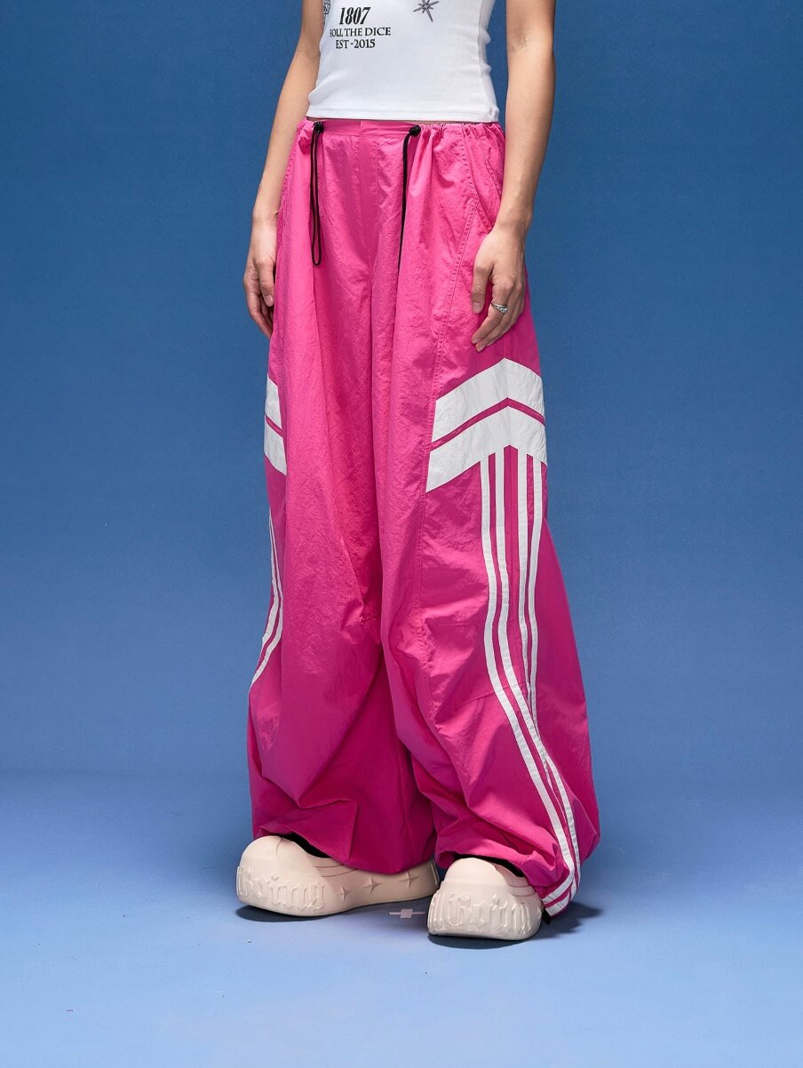 1807 PU Leather Stripe Nylon Baggy Track Pants | Face 3 Face