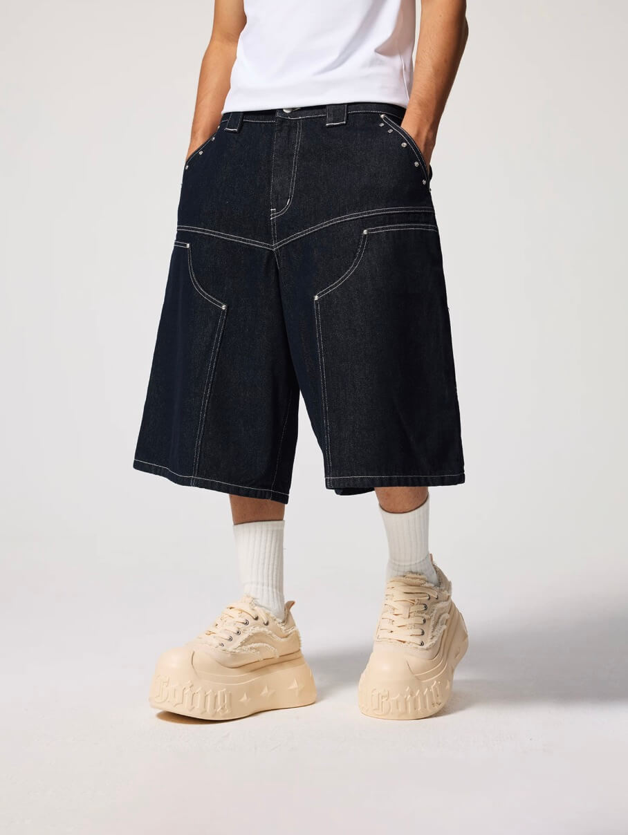 1807 Diamond Stud Double Knee Baggy Shorts | Face 3 Face