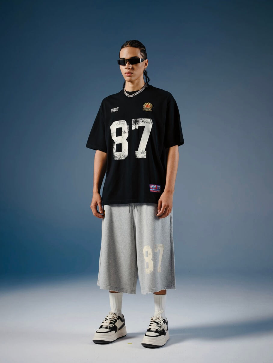 1807 Vintage Number Print Cropped Baggy Sweat Shorts | Face 3 Face