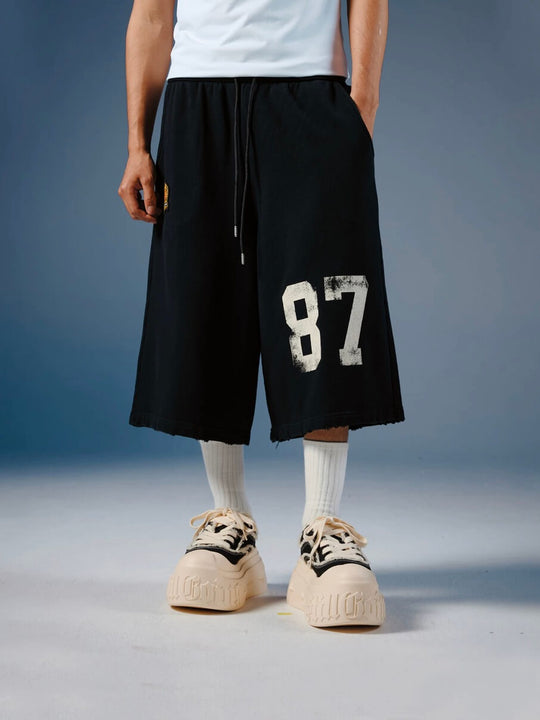 1807 Vintage Number Print Cropped Baggy Sweat Shorts | Face 3 Face