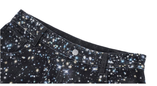 1807 Starry Universe Print Rhinestone Accent Jeans | Face 3 Face