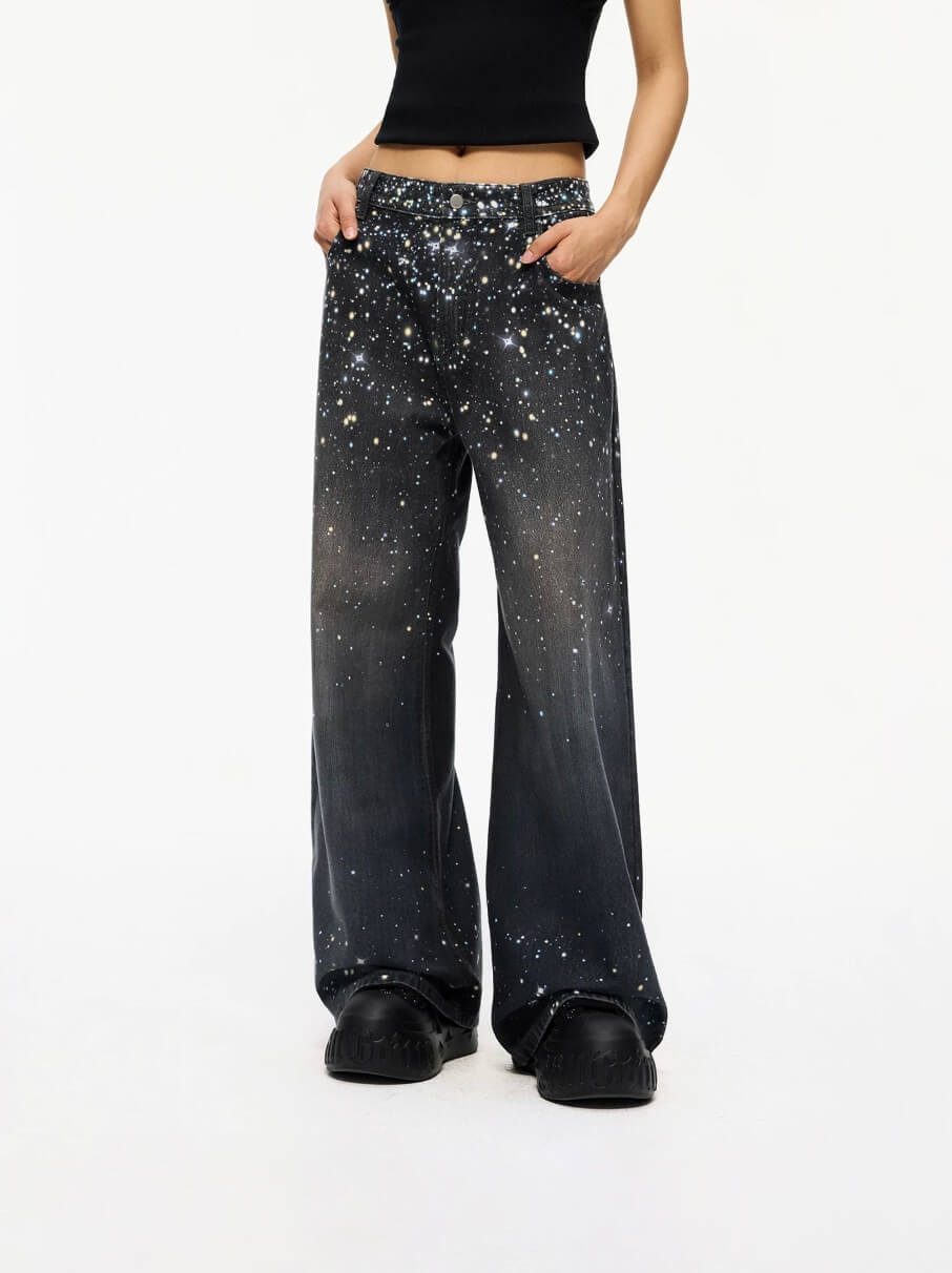 1807 Starry Universe Print Rhinestone Accent Jeans | Face 3 Face