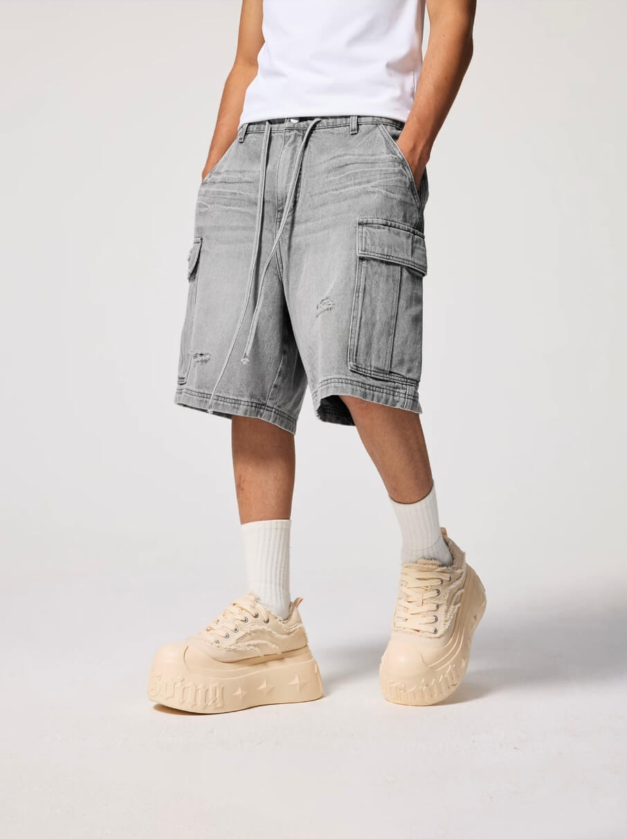 1807 Vintage Washed Distressed Denim Cargo Shorts | Face 3 Face