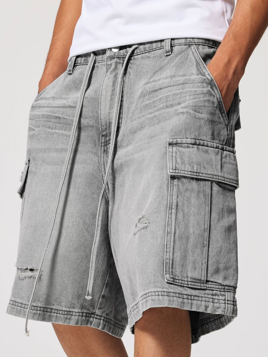 1807 Vintage Washed Distressed Denim Cargo Shorts | Face 3 Face