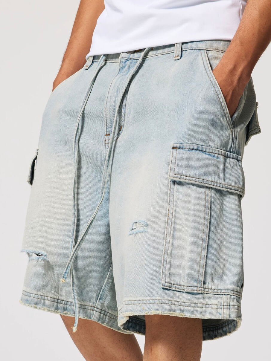 1807 Vintage Washed Distressed Denim Cargo Shorts | Face 3 Face