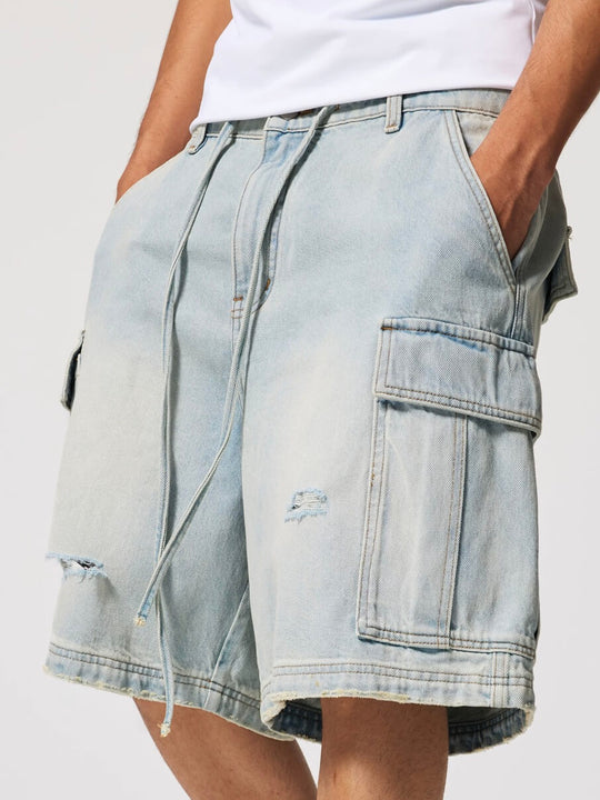 1807 Vintage Washed Distressed Denim Cargo Shorts | Face 3 Face
