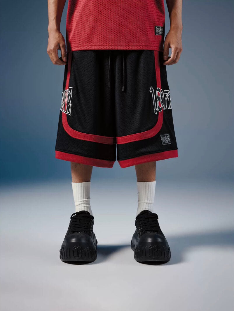 1807 Color Block Patchwork Leather Logo Patch Mesh Shorts | Face 3 Face