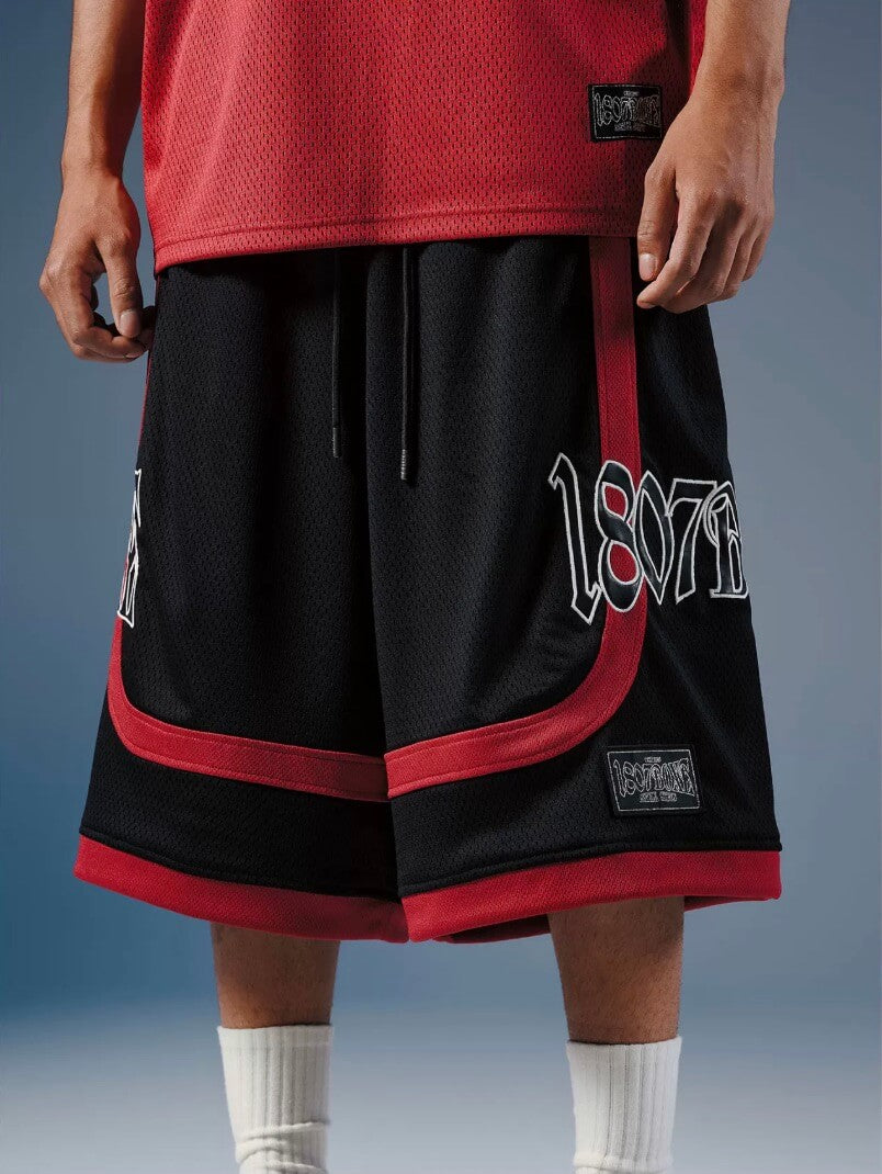 1807 Color Block Patchwork Leather Logo Patch Mesh Shorts | Face 3 Face