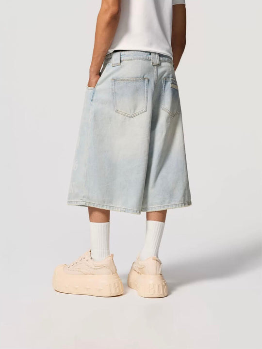 1807 Gothic Letter Print Washed Denim Baggy Shorts | Face 3 Face