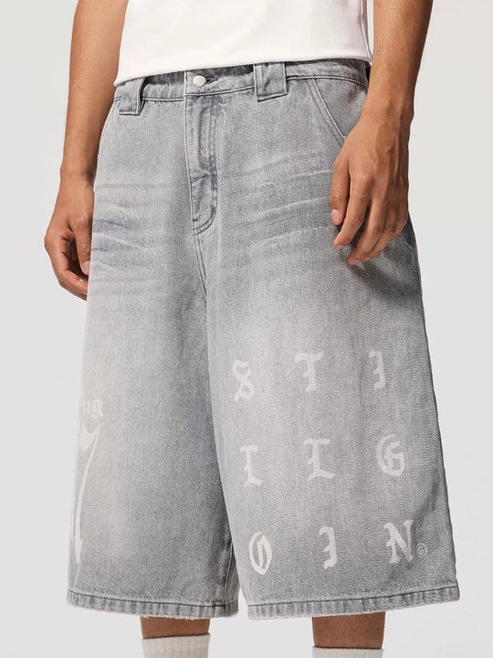 1807 Gothic Letter Print Washed Denim Baggy Shorts | Face 3 Face