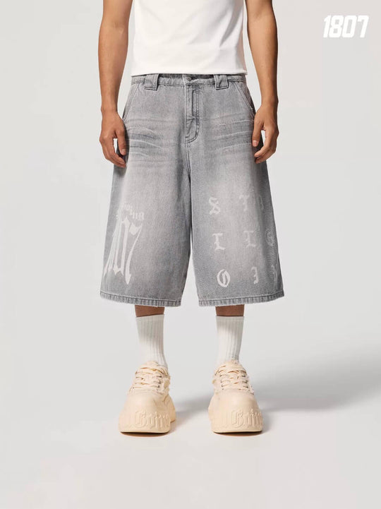 1807 Gothic Letter Print Washed Denim Baggy Shorts | Face 3 Face