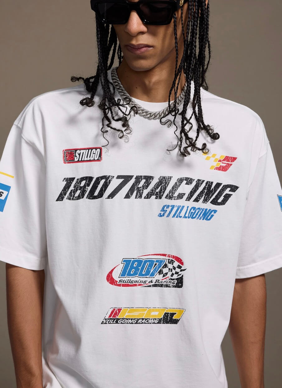 1807 Racing Distressed Print Washed Short Sleeve Tee | Face 3 Face
