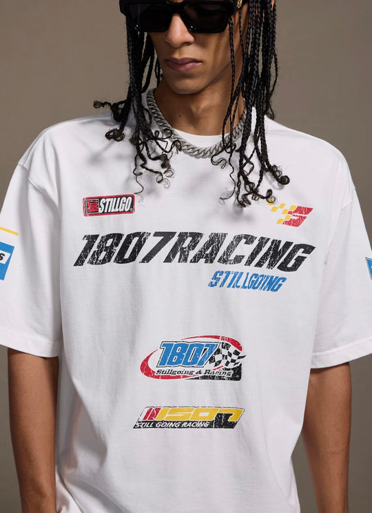1807 Racing Distressed Print Washed Short Sleeve Tee | Face 3 Face