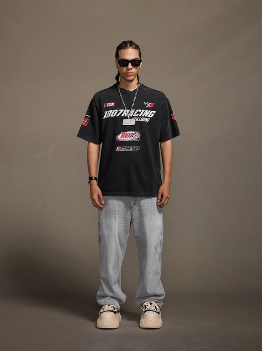 1807 Racing Distressed Print Washed Short Sleeve Tee | Face 3 Face