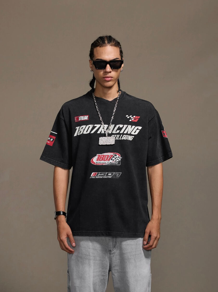 1807 Racing Distressed Print Washed Short Sleeve Tee | Face 3 Face
