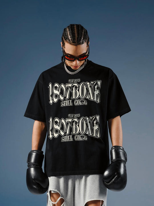 1807 BOXE Vintage Print Distressed Short Sleeve Tee | Face 3 Face