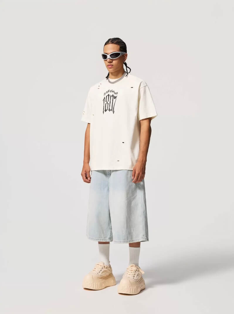 1807 Gothic Letter Angel Vintage Print Heavily Distressed Short Sleeve Tee | Face 3 Face