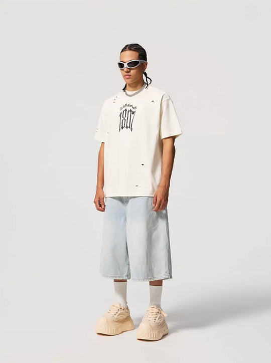1807 Gothic Letter Angel Vintage Print Heavily Distressed Short Sleeve Tee | Face 3 Face