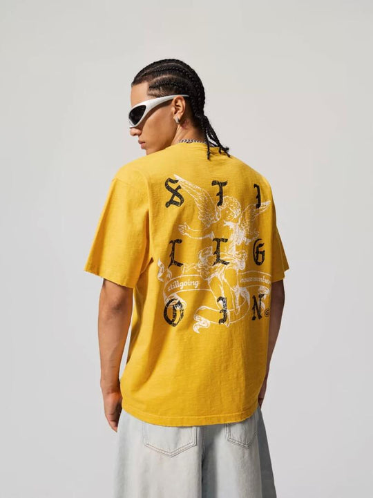 1807 Gothic Letter Angel Vintage Print Heavily Distressed Short Sleeve Tee | Face 3 Face