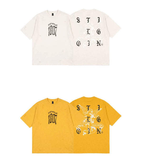 1807 Gothic Letter Angel Vintage Print Heavily Distressed Short Sleeve Tee | Face 3 Face