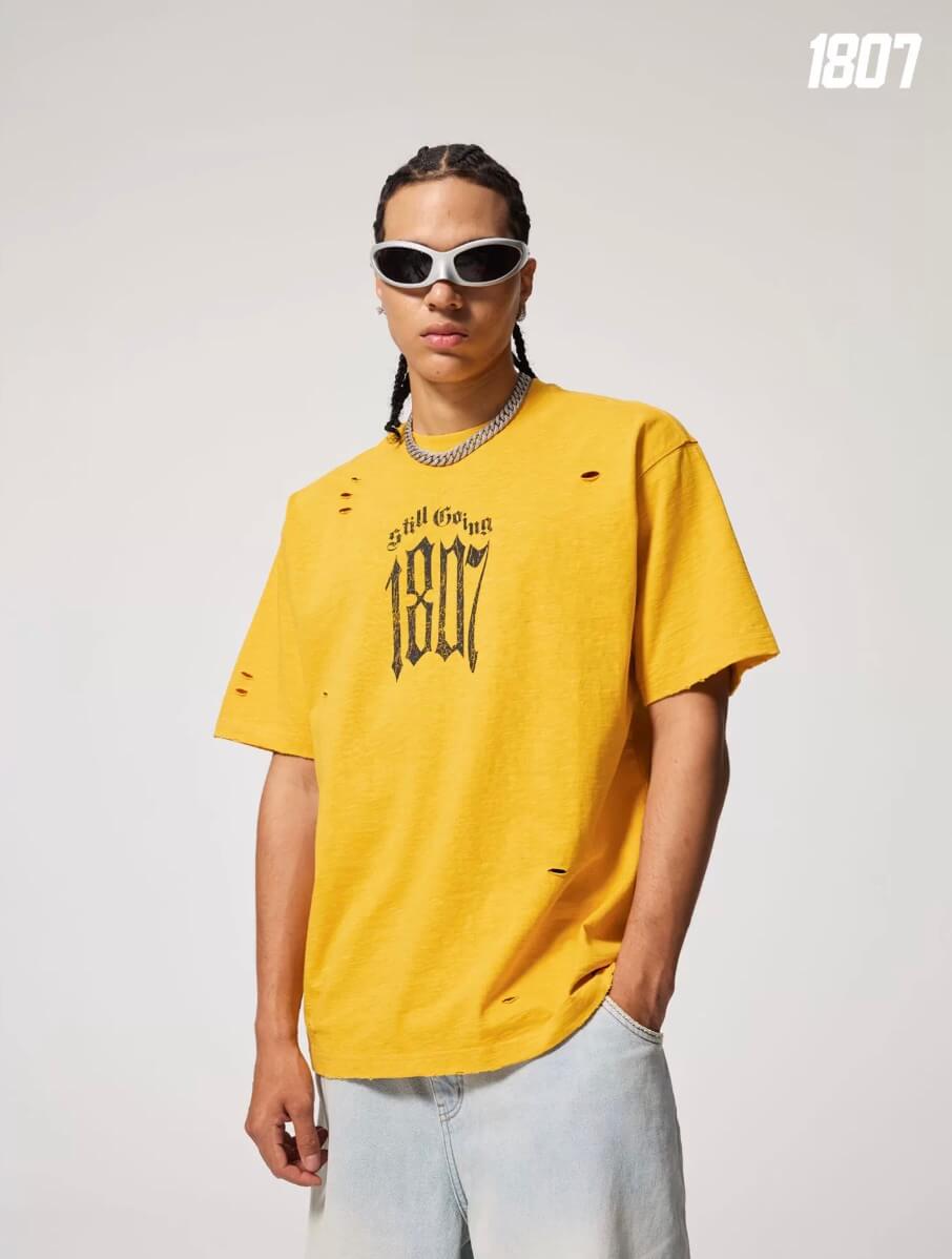 1807 Gothic Letter Angel Vintage Print Heavily Distressed Short Sleeve Tee | Face 3 Face