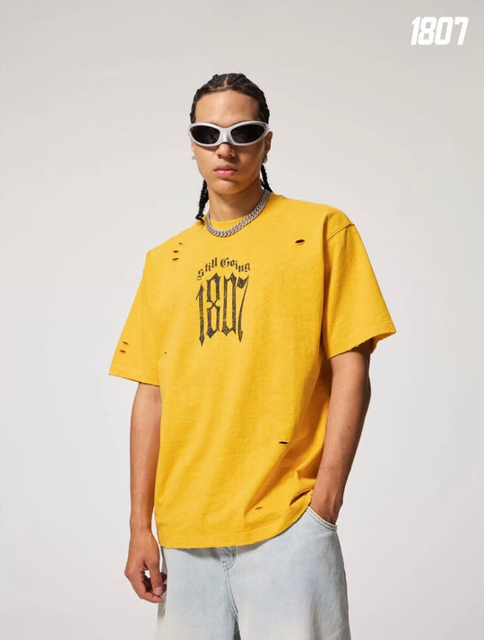 1807 Gothic Letter Angel Vintage Print Heavily Distressed Short Sleeve Tee | Face 3 Face