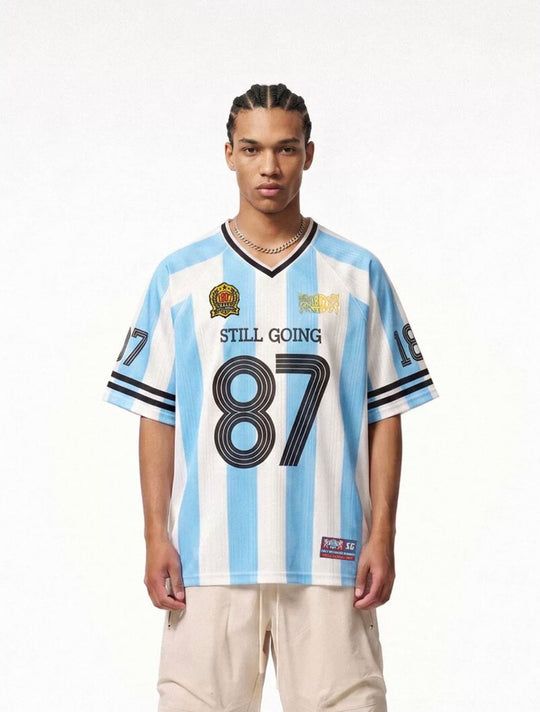 1807 Patterned Fabric Stripe Print Short Sleeve Soccer Jersey | Face 3 Face