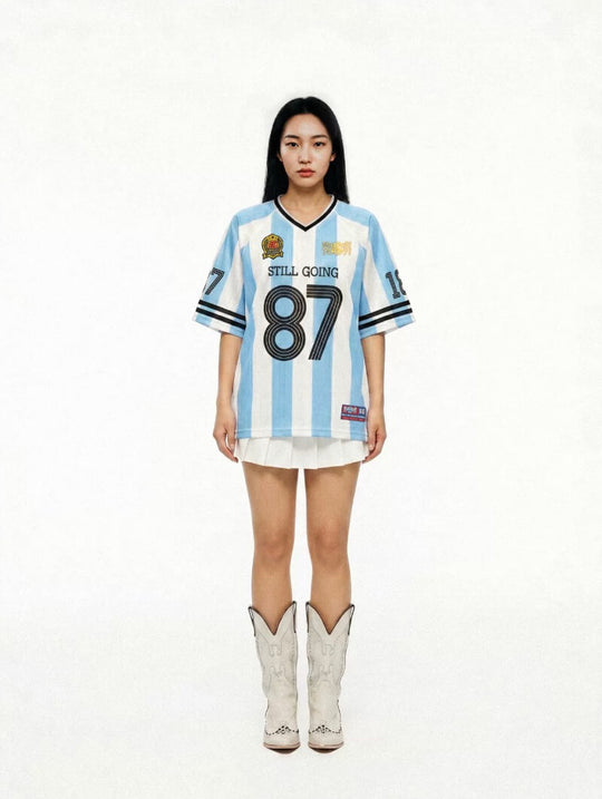 1807 Patterned Fabric Stripe Print Short Sleeve Soccer Jersey | Face 3 Face