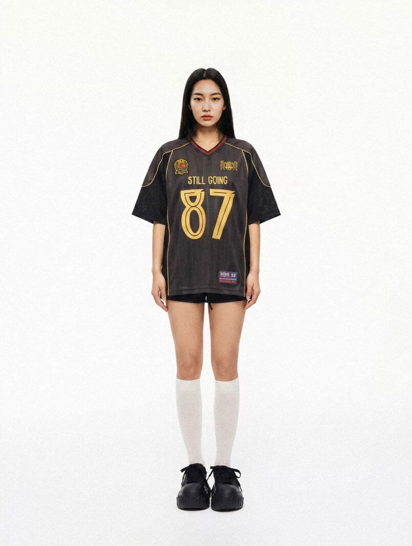1807 Black Gray Color Block Short Sleeve Soccer Jersey