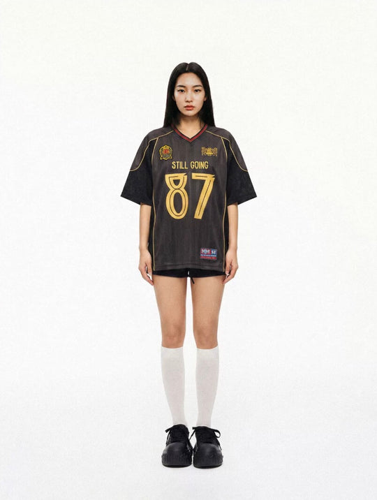 1807 Black Gray Color Block Short Sleeve Soccer Jersey