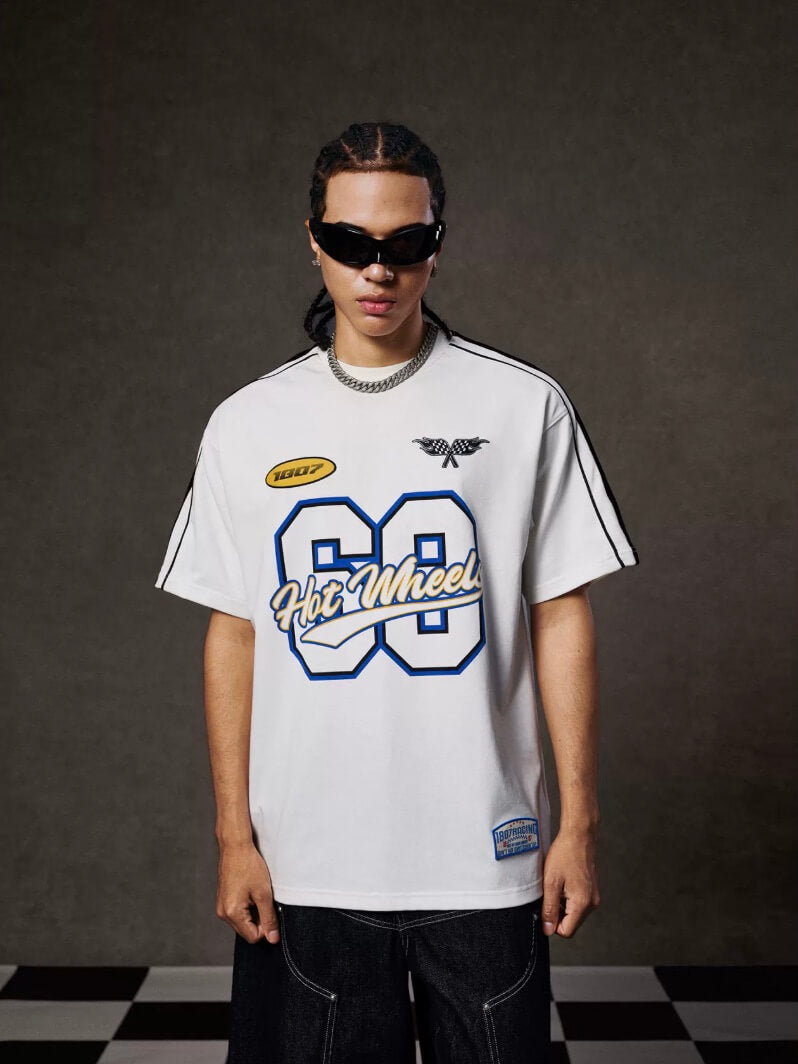 1807 Hot Wheels Racing Print Patch Stripe Sleeve Short Sleeve Tee | Face 3 Face