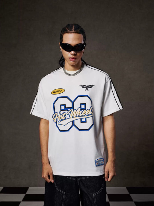 1807 Hot Wheels Racing Print Patch Stripe Sleeve Short Sleeve Tee | Face 3 Face