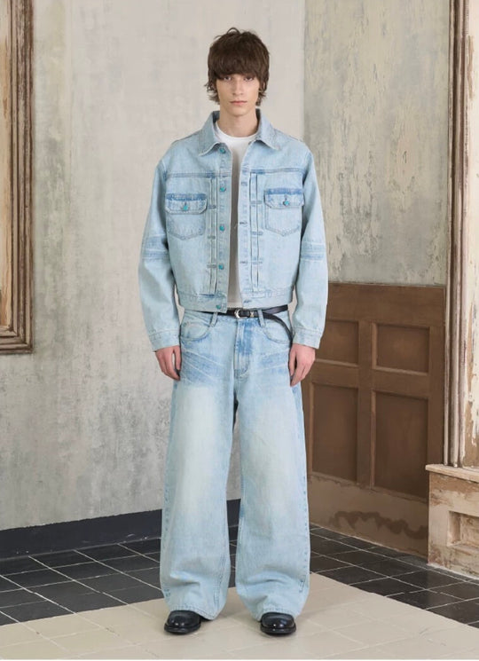 S45 Light Blue Heavy Washed Turquoise Button Flared Jeans