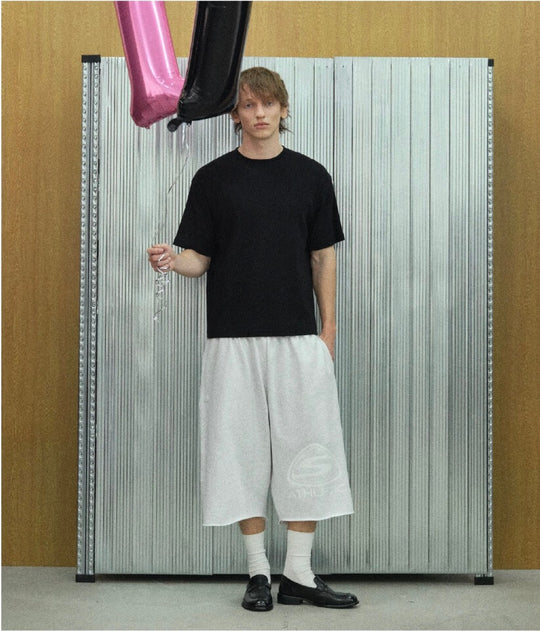 S45 Basic Heavyweight Logo Print Cutoff Baggy Sweat Shorts