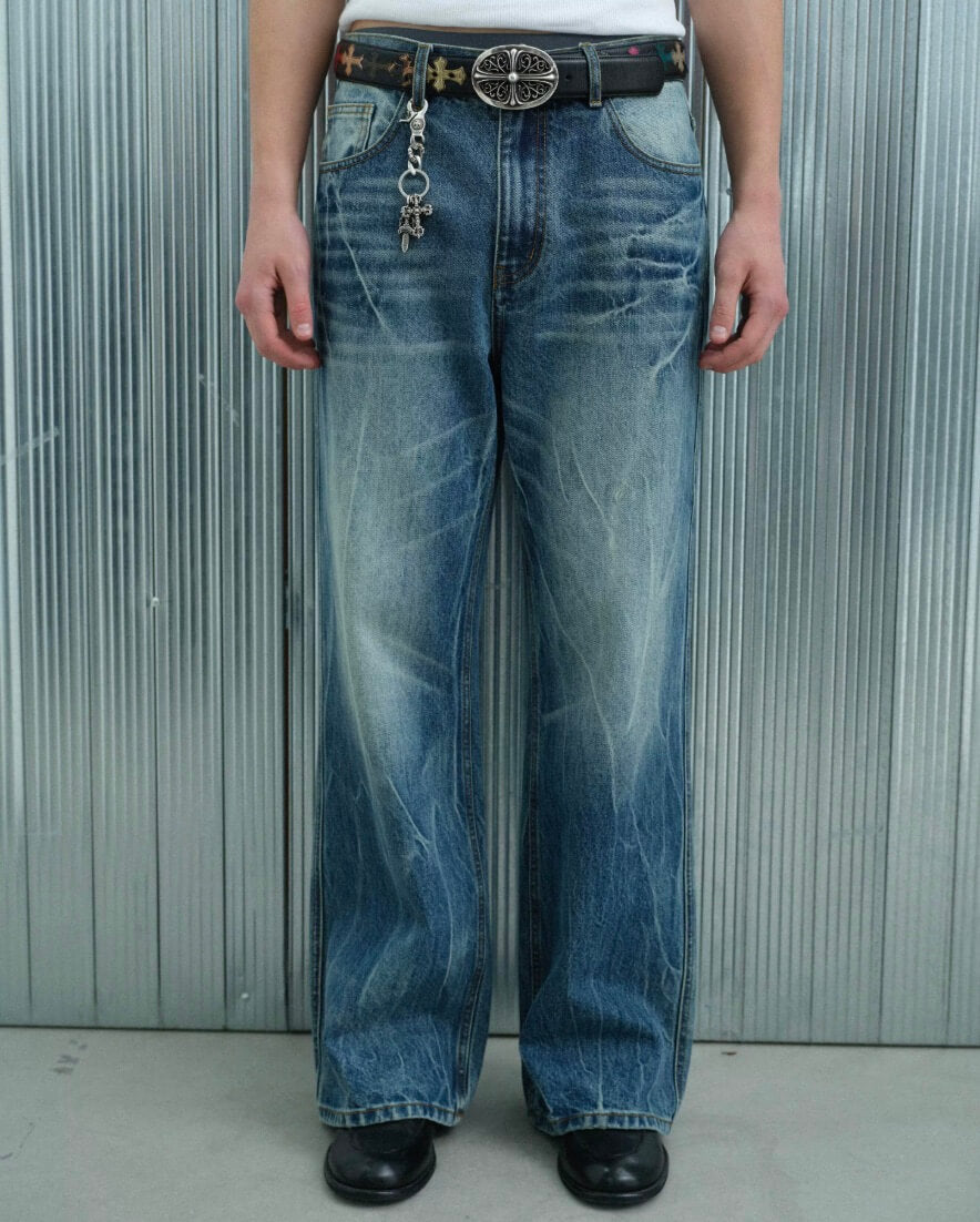 S45 Lightning Crack Wash Distressed Slight Flare Jeans | Face 3 Face